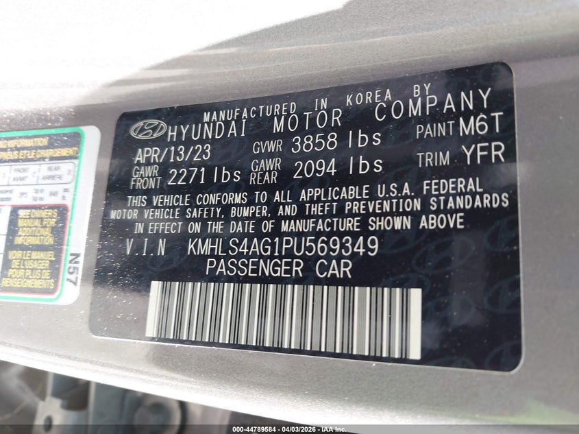 2023 Hyundai Elantra VIN KMHLS4AG1PU569349 IAAI salvage auction — FRONT END, Certificate Of Destruction (Florida), sold $2,750 on 2026-07-13 (photo 9)
