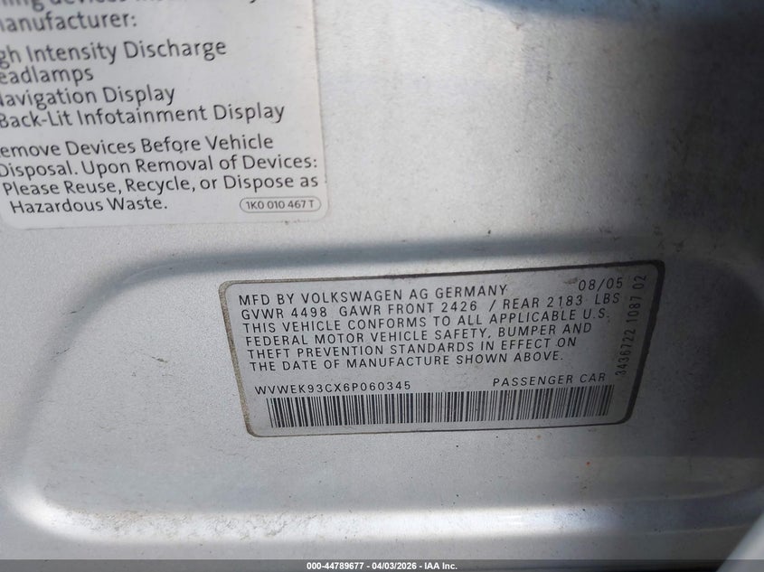 2006 Volkswagen Passat VIN WVWEK93CX6P060345 IAAI salvage auction — FRONT & REAR, Salvage (New Jersey), sold $425 on 2026-08-10 (photo 9)