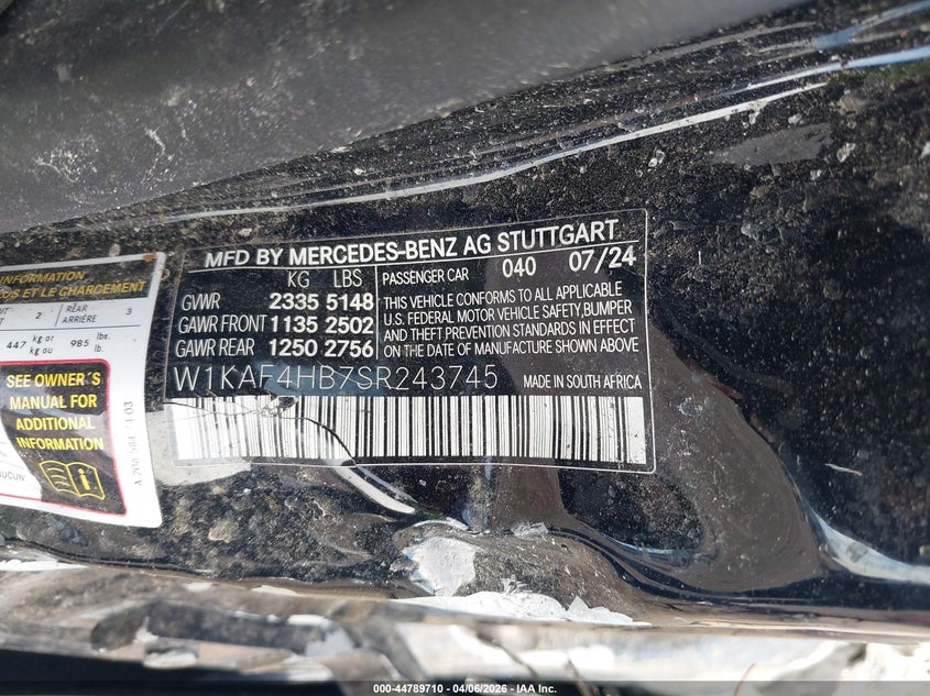 2025 Mercedes-benz C class VIN W1KAF4HB7SR243745 IAAI salvage auction — LEFT SIDE, Wait Title, sold $5,100 on 2026-07-09 (photo 9)