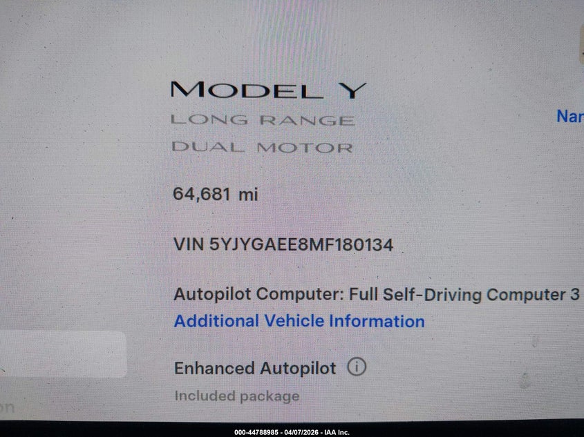2021 Tesla Model y VIN 5YJYGAEE8MF180134 IAAI salvage auction — FRONT & REAR, Wait Title, sold $8,600 on 2026-07-08 (photo 7)