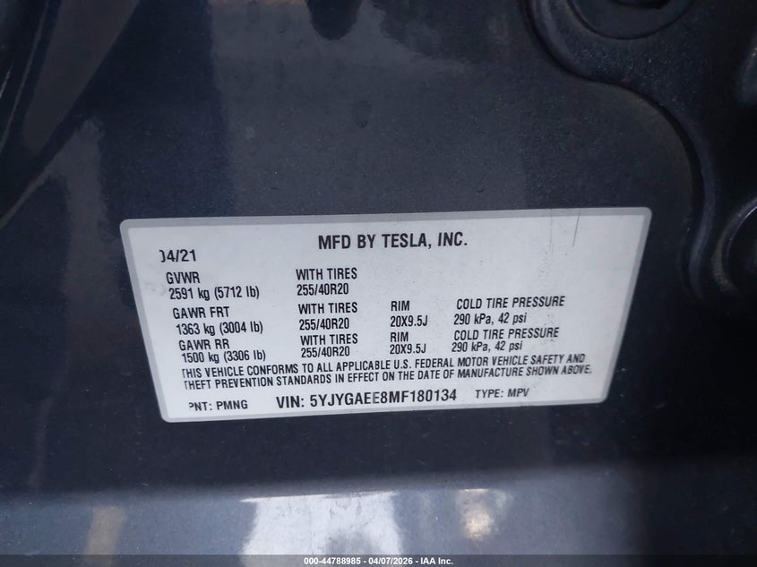 2021 Tesla Model y VIN 5YJYGAEE8MF180134 IAAI salvage auction — FRONT & REAR, Wait Title, sold $8,600 on 2026-07-08 (photo 9)