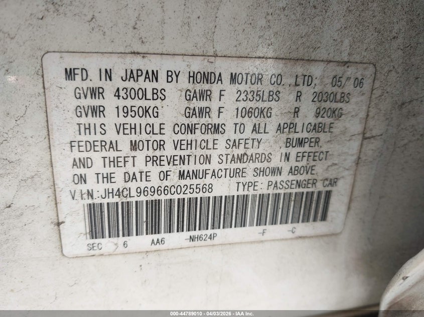 2006 Acura Tsx VIN JH4CL96966C025568 IAAI salvage auction — RIGHT SIDE, Salvage (Texas), sold $700 on 2026-07-29 (photo 9)