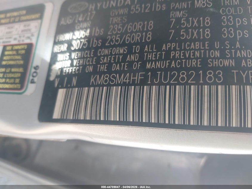 2018 Hyundai Santa fe VIN KM8SM4HF1JU282183 IAAI salvage auction — ALL OVER, Salvage (Texas), sold $875 on 2026-07-30 (photo 9)
