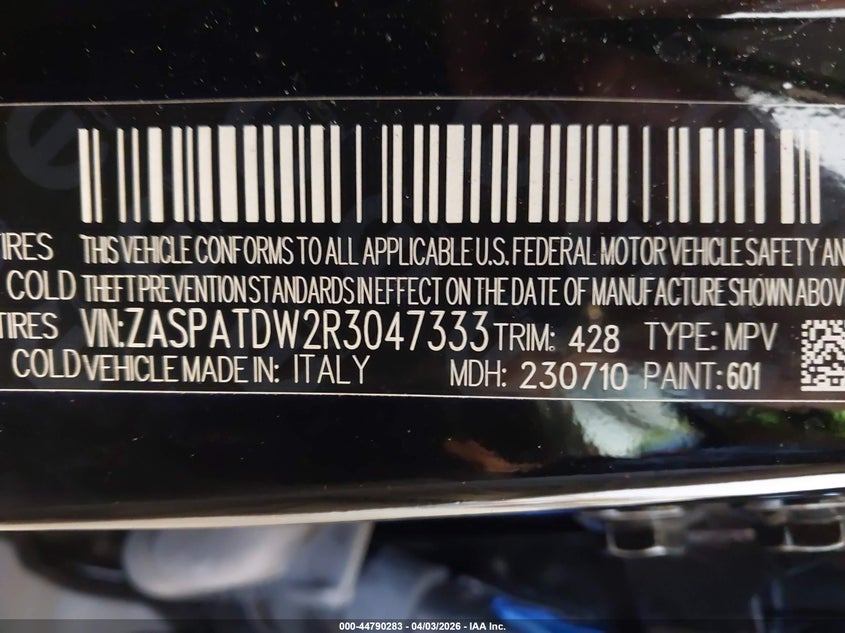 2024 Alfa romeo Tonale VIN ZASPATDW2R3047333 IAAI salvage auction — WATER/FLOOD, Salvage (New Jersey), sold $9,250 on 2026-08-12 (photo 9)