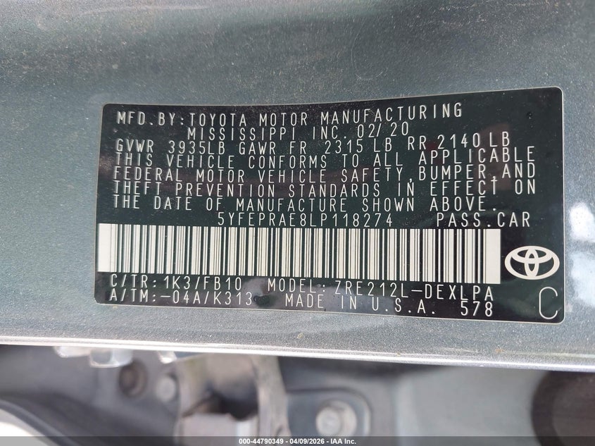 2020 Toyota Corolla VIN 5YFEPRAE8LP118274 IAAI salvage auction — HAIL, Wait Title, sold $2,900 on 2026-07-21 (photo 9)
