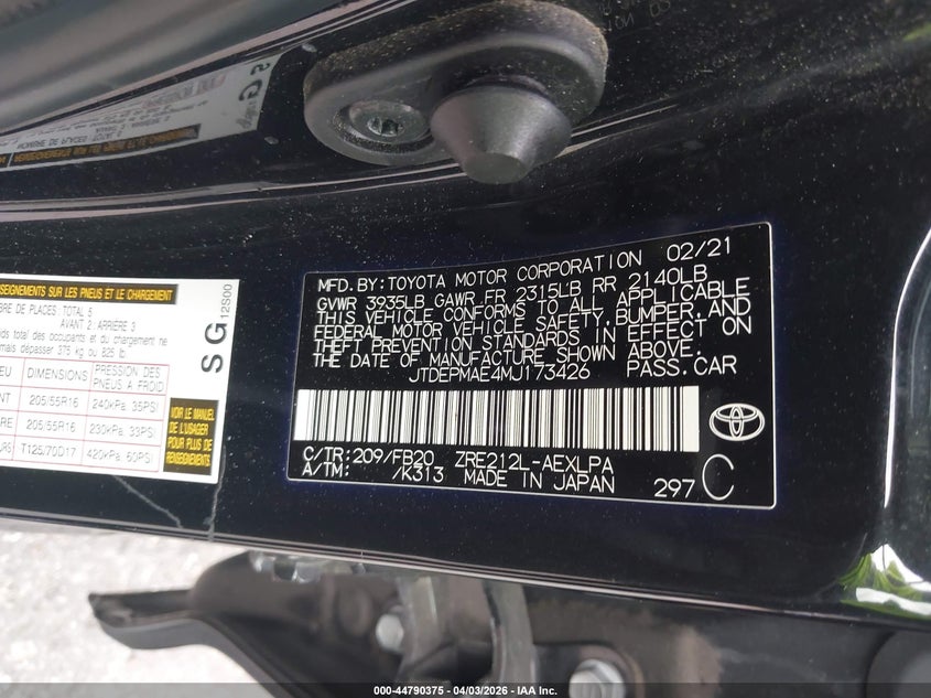 2021 Toyota Corolla VIN JTDEPMAE4MJ173426 IAAI salvage auction — SIDE, Wait Title, sold $5,500 on 2026-07-23 (photo 9)