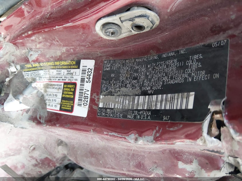 2007 Toyota Sienna VIN 5TDZK23C47S070420 IAAI salvage auction — ALL OVER, Salvage (Texas), sold $550 on 2026-07-14 (photo 9)