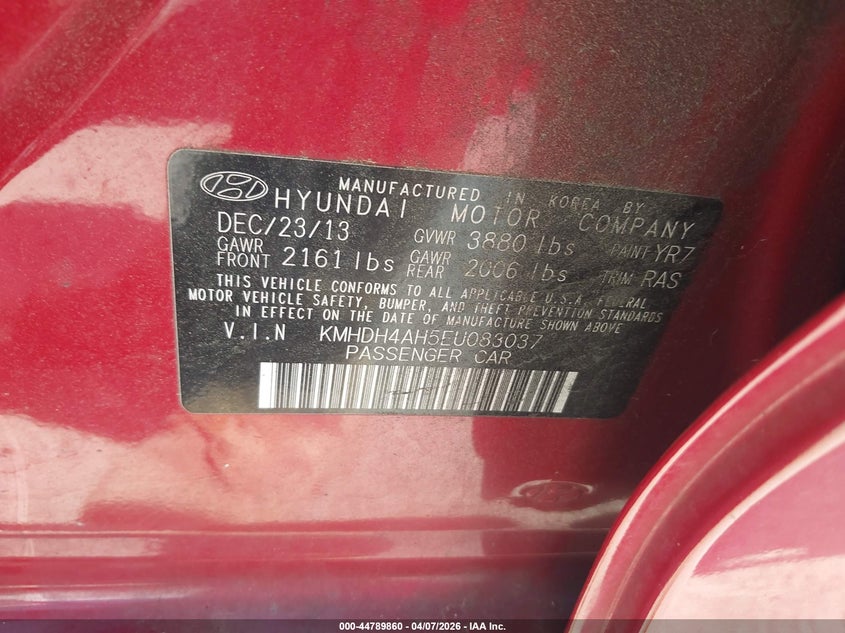2014 Hyundai Elantra VIN KMHDH4AH5EU083037 IAAI salvage auction — RIGHT SIDE, Wait Title, sold $925 on 2026-07-21 (photo 9)