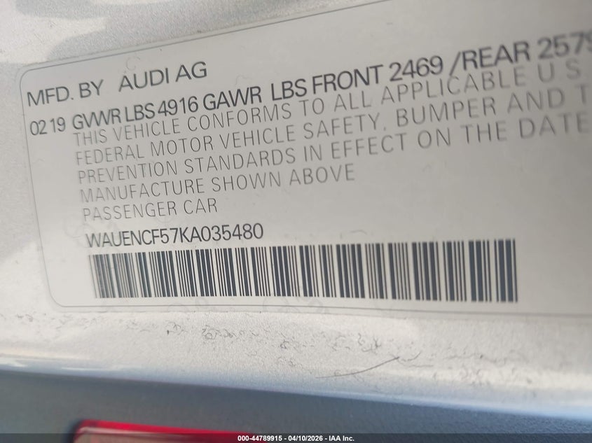 2019 Audi A5 VIN WAUENCF57KA035480 IAAI salvage auction — RIGHT SIDE, Salvage (Massachusetts), sold $4,700 on 2026-07-10 (photo 9)