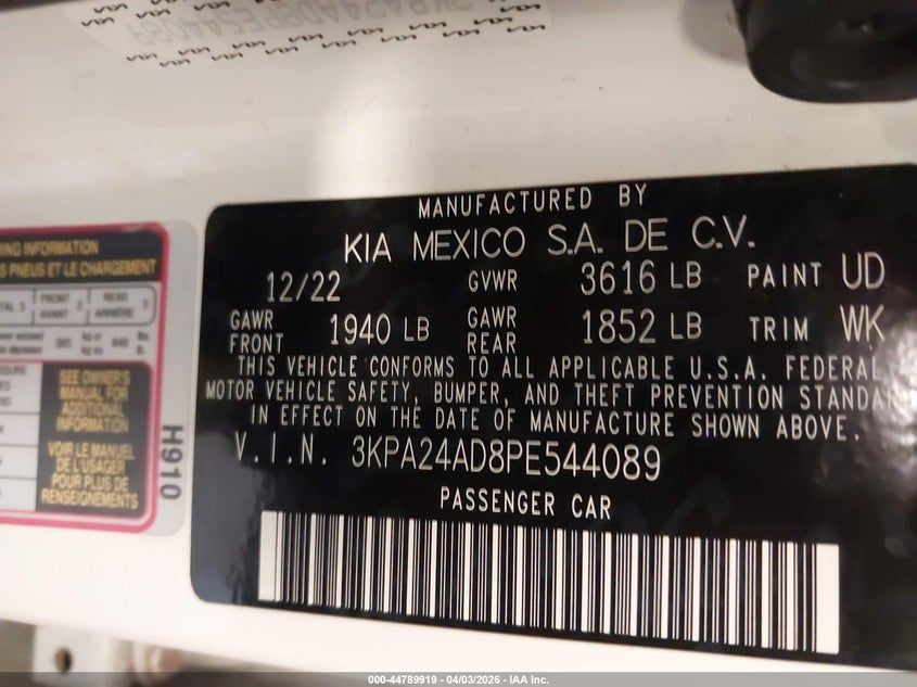 2023 Kia Rio VIN 3KPA24AD8PE544089 IAAI salvage auction — FRONT END, Wait Title, sold $1,750 on 2026-07-21 (photo 9)