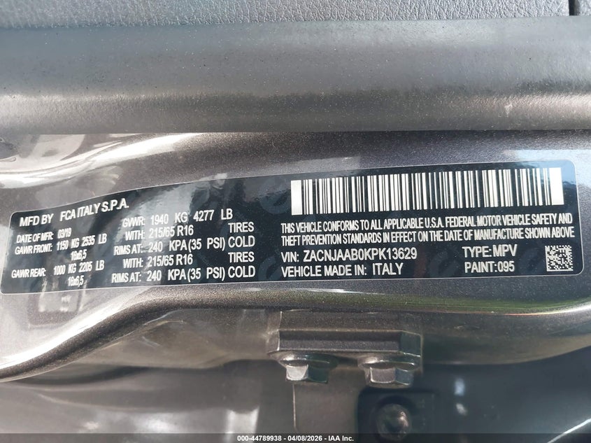 2019 Jeep Renegade VIN ZACNJAAB0KPK13629 IAAI salvage auction — FRONT END, Salvage (Texas), sold $1,600 on 2026-07-29 (photo 9)