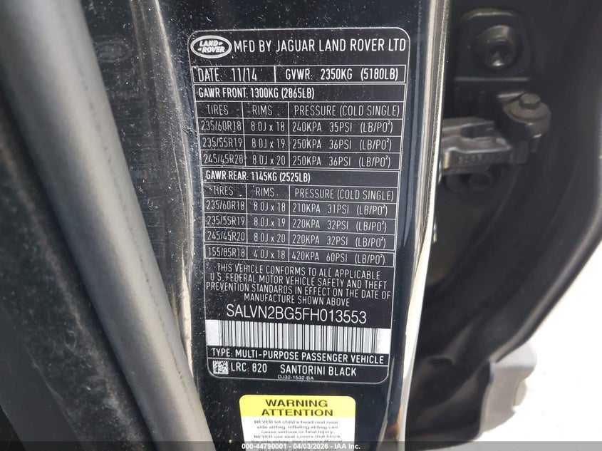 2015 Land rover Range rover evoque VIN SALVN2BG5FH013553 IAAI salvage auction — NORMAL WEAR, Salvage (Idaho), sold $1,625 on 2026-07-09 (photo 9)