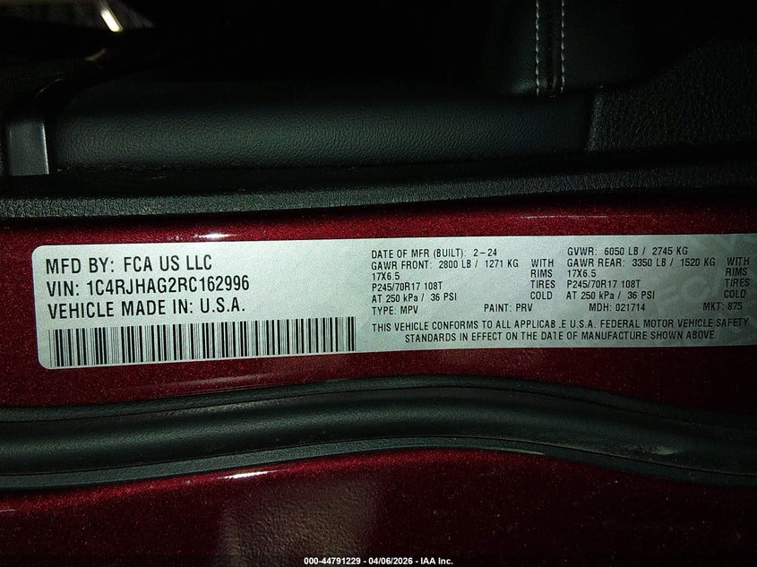 2024 Jeep Grand cherokee VIN 1C4RJHAG2RC162996 IAAI salvage auction — LEFT FRONT, Salvage (Oregon), sold $9,500 on 2026-07-30 (photo 9)