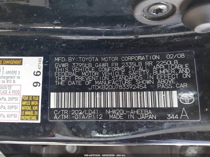 2008 Toyota Prius VIN JTDKB20U783392454 IAAI salvage auction — LEFT FRONT, Salvage (California), sold $300 on 2026-07-06 (photo 9)
