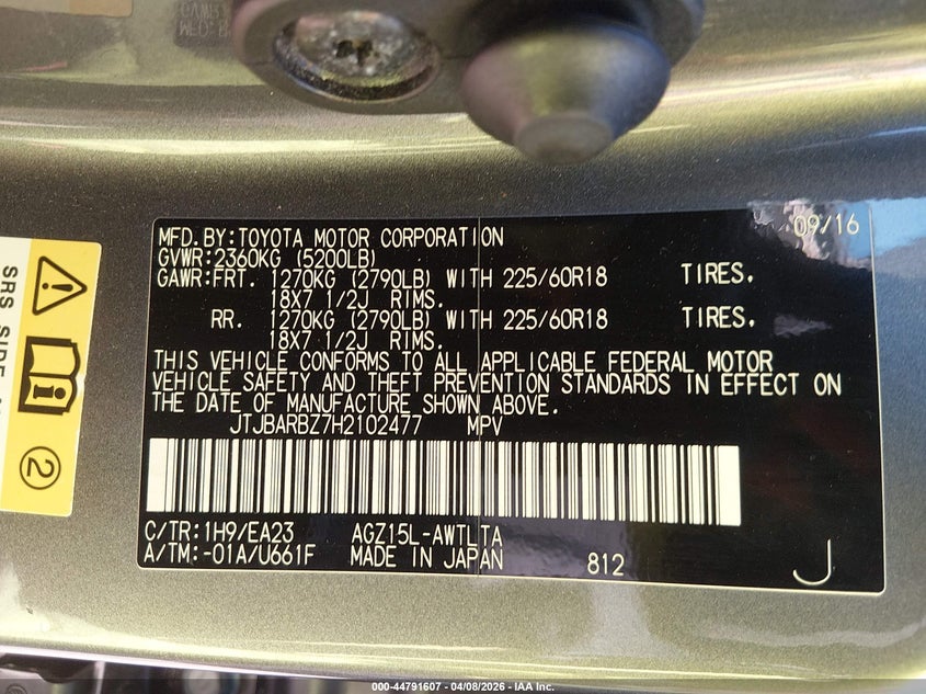 2017 Lexus VIN JTJBARBZ7H2102477 IAAI salvage auction — RIGHT FRONT, Salvage Title, sold $5,400 on 2026-07-21 (photo 9)