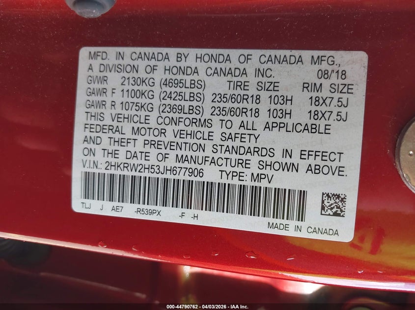 2018 Honda Cr-v VIN 2HKRW2H53JH677906 IAAI salvage auction — LEFT SIDE, Salvage (Oregon), sold $6,300 on 2026-07-09 (photo 9)
