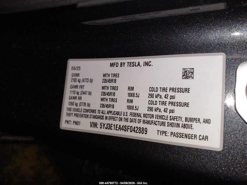 2025 Tesla Model 3 VIN 5YJ3E1EA4SF042889 IAAI salvage auction — FRONT END, Salvage (Oregon), sold $9,200 on 2026-07-09 (photo 9)