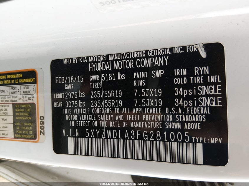 2015 Hyundai Santa fe VIN 5XYZWDLA3FG281005 IAAI salvage auction — RIGHT SIDE, Wait Title, sold $2,175 on 2026-07-16 (photo 9)