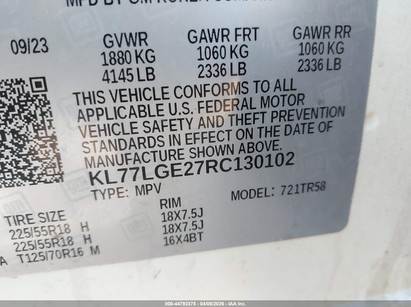 2024 Chevrolet Trax VIN KL77LGE27RC130102 IAAI salvage auction — FRONT END, Salvage Title, sold $4,975 on 2026-07-16 (photo 9)