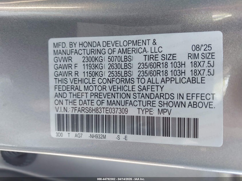 2026 Honda Cr-v VIN 7FARS6H83TE037309 IAAI salvage auction — FRONT END, Wait Title, sold $16,100 on 2026-07-15 (photo 9)
