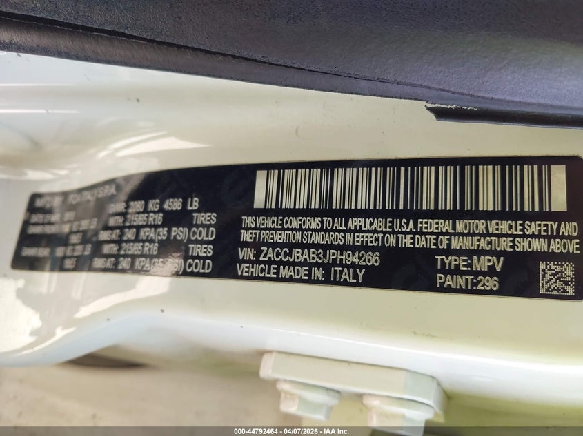 2018 Jeep Renegade VIN ZACCJBAB3JPH94266 IAAI salvage auction — FRONT & REAR, Salvage (Ohio), sold $600 on 2026-08-12 (photo 9)