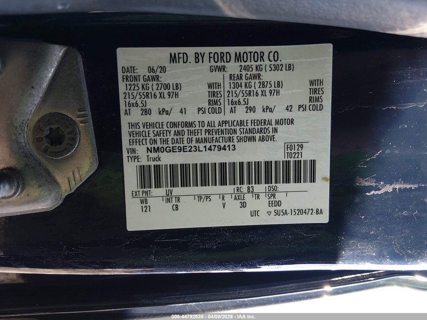 2020 Ford Transit VIN NM0GE9E23L1479413 IAAI salvage auction — NORMAL WEAR, Sf97 (New York), sold $10,500 on 2026-07-23 (photo 9)