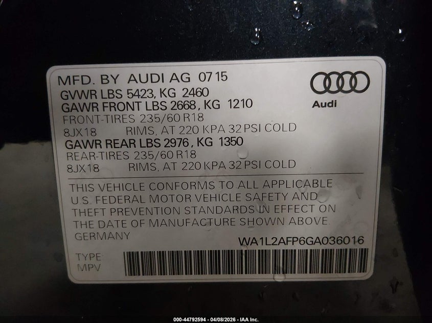 2016 Audi Q5 VIN WA1L2AFP6GA036016 IAAI salvage auction — RIGHT FRONT, Salvage Title, sold $3,400 on 2026-07-17 (photo 9)