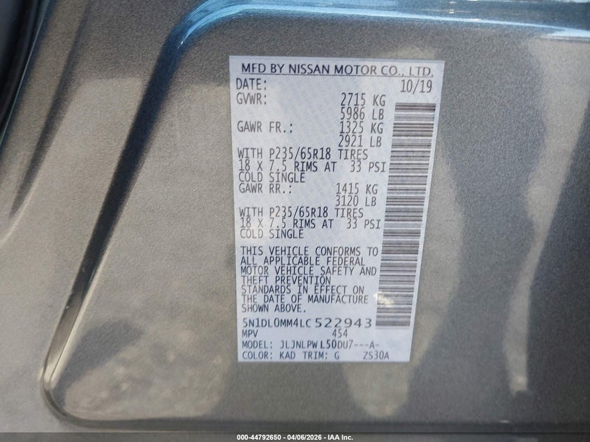 2020 Infiniti Qx60 VIN 5N1DL0MM4LC522943 IAAI salvage auction — FRONT END, Wait Title, sold $2,700 on 2026-07-10 (photo 9)