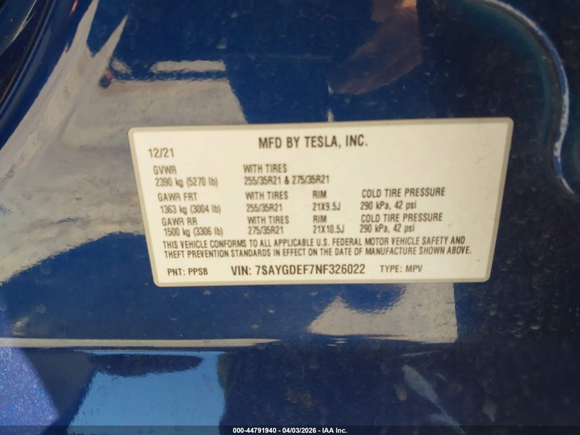 2022 Tesla Model y VIN 7SAYGDEF7NF326022 IAAI salvage auction — REAR END, Wait Title, sold $7,900 on 2026-07-30 (photo 9)