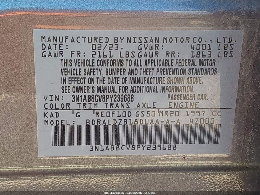 2023 Nissan Sentra VIN 3N1AB8CV8PY239688 IAAI salvage auction — SIDE, Salvage (Illinois), sold $4,550 on 2026-07-05 (photo 9)