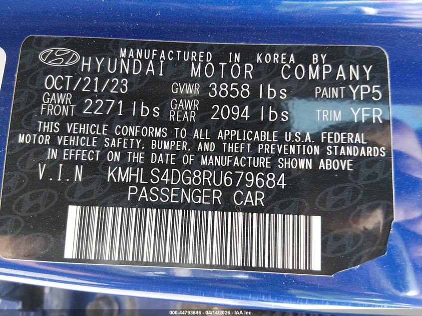 2024 Hyundai Elantra VIN KMHLS4DG8RU679684 IAAI salvage auction — RIGHT REAR, Clear (Missouri), sold $5,850 on 2026-07-14 (photo 9)