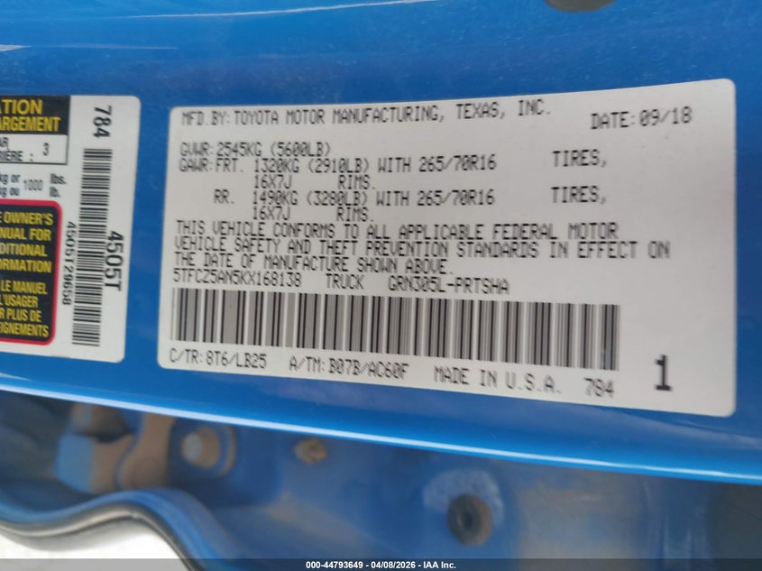 2019 Toyota Tacoma VIN 5TFCZ5AN5KX168138 IAAI salvage auction — FRONT END, Salvage (Mississippi), sold $13,400 on 2026-07-12 (photo 9)