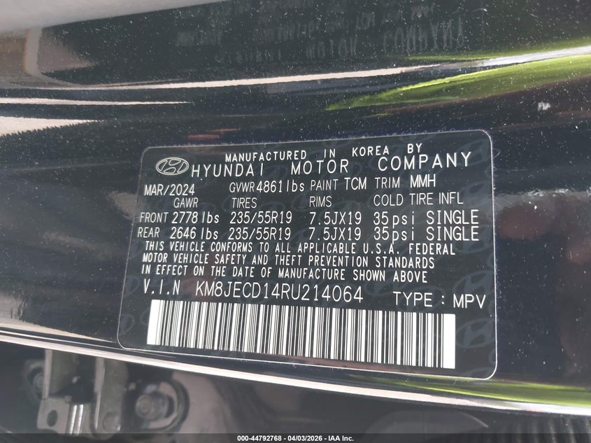 2024 Hyundai Tucson VIN KM8JECD14RU214064 IAAI salvage auction — REAR END, Salvage (Georgia), sold $10,250 on 2026-07-10 (photo 9)