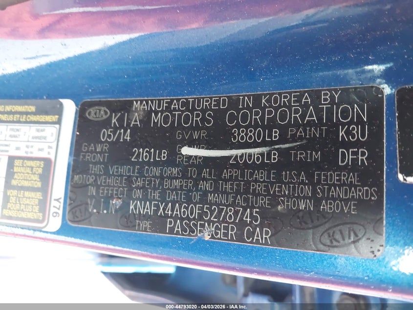 2015 Kia Forte VIN KNAFX4A60F5278745 IAAI salvage auction — RIGHT FRONT, Regular Certificate (Iowa), sold $1,050 on 2026-07-07 (photo 9)