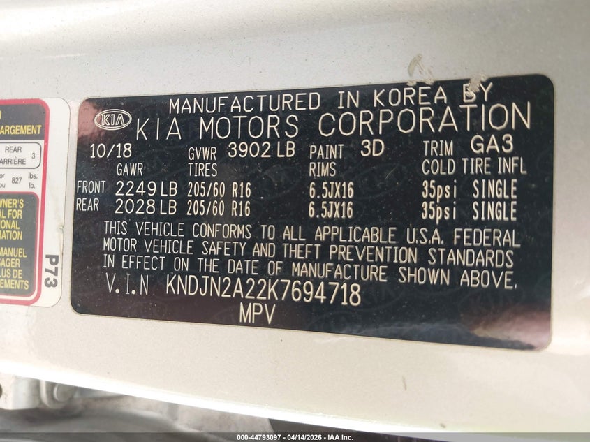 2019 Kia Soul VIN KNDJN2A22K7694718 IAAI salvage auction — FRONT END, Wait Title, sold $600 on 2026-07-08 (photo 9)