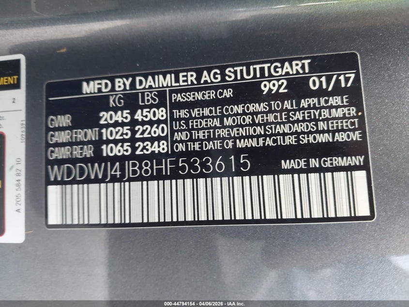 2017 Mercedes-benz C-klasse VIN WDDWJ4JB8HF533615 IAAI salvage auction — FRONT END, Salvage (Texas), sold $1,850 on 2026-07-29 (photo 9)