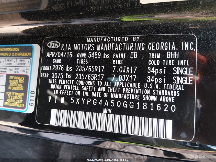 2016 Kia Sorento VIN 5XYPG4A50GG181620 IAAI salvage auction — FRONT END, Clear (Oklahoma), sold $950 on 2026-07-08 (photo 9)