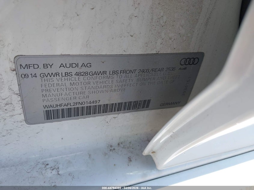 2015 Audi A4 VIN WAUHFAFL2FN014497 IAAI salvage auction — LEFT REAR, Wait Title, sold $2,050 on 2026-07-22 (photo 9)