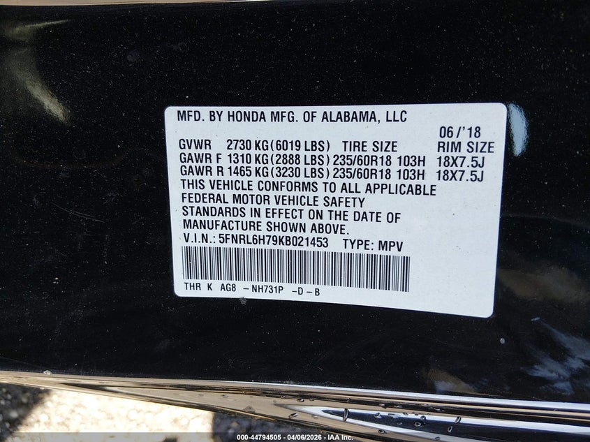 2019 Honda Odyssey VIN 5FNRL6H79KB021453 IAAI salvage auction — THEFT, Salvage - Greater Than 75% (Maryland), sold $6,500 on 2026-07-31 (photo 9)