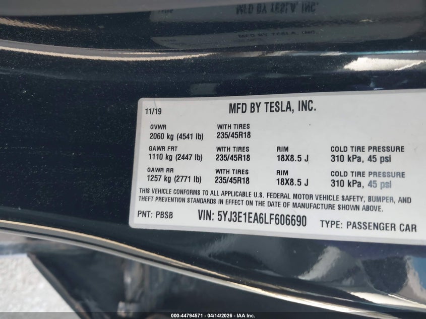 2020 Tesla Model 3 VIN 5YJ3E1EA6LF606690 IAAI salvage auction — SIDE, Salvage Title, sold $4,850 on 2026-07-20 (photo 9)