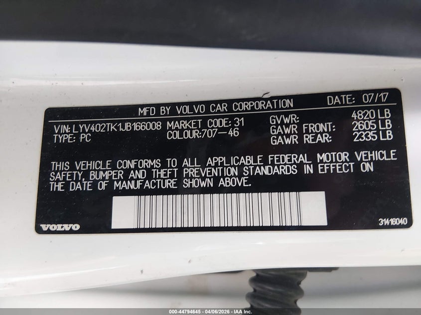 2018 Volvo VIN LYV402TK1JB166008 IAAI salvage auction — FRONT END, Wait Title, sold $1,400 on 2026-07-14 (photo 9)