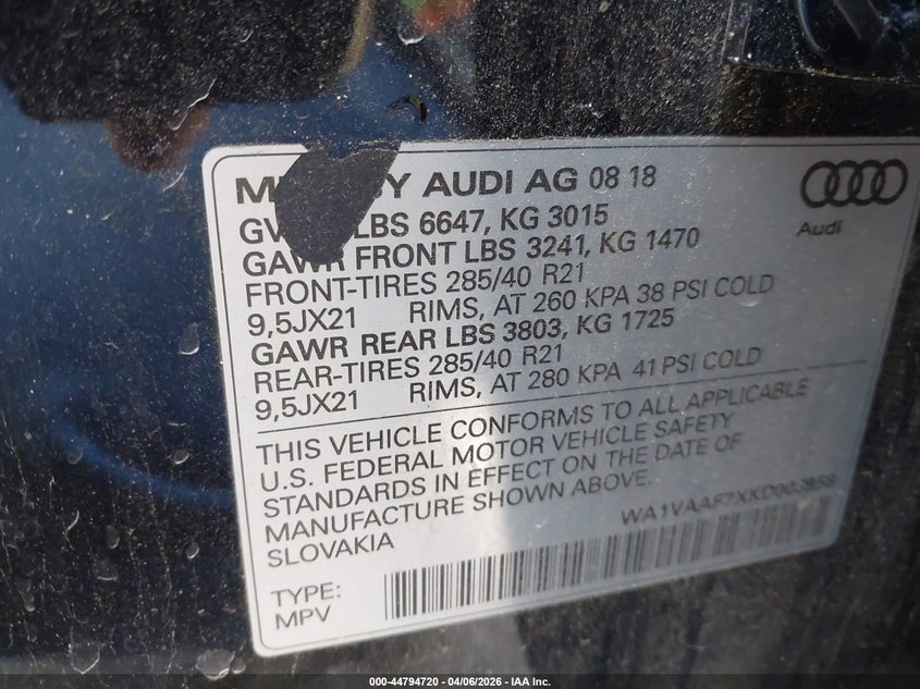 2019 Audi Q7 VIN WA1VAAF7XKD003958 IAAI salvage auction — RIGHT SIDE, Original (Texas), sold $4,850 on 2026-07-14 (photo 9)