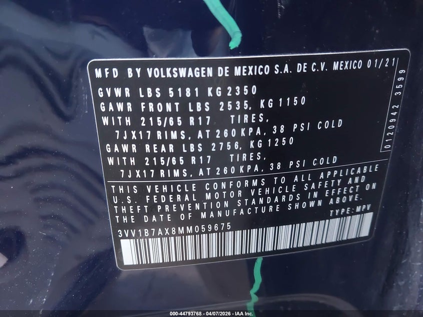 2021 Volkswagen Tiguan VIN 3VV1B7AX8MM059675 IAAI salvage auction — SIDE, Original (Texas), sold $6,500 on 2026-07-21 (photo 9)