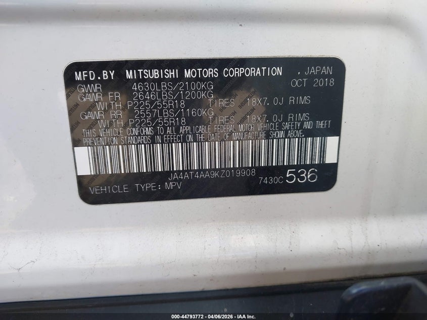2019 Mitsubishi Eclipse cross VIN JA4AT4AA9KZ019908 IAAI salvage auction — FRONT END, Mv-907A (New York), sold $25 on 2026-07-28 (photo 9)
