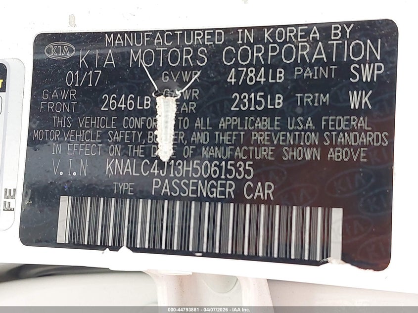 2017 Kia Cadenza VIN KNALC4J13H5061535 IAAI salvage auction — HAIL, Wait Title, sold $3,850 on 2026-07-15 (photo 9)
