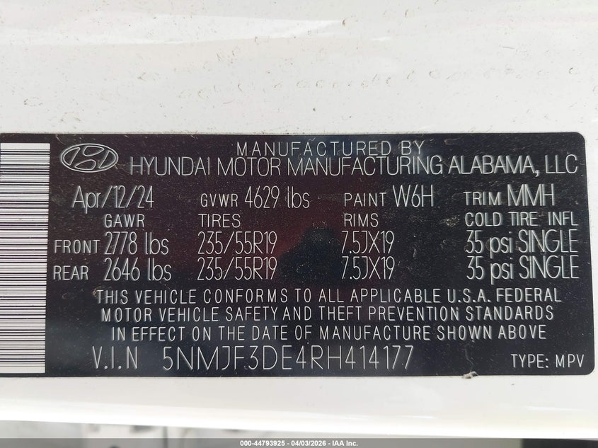 2024 Hyundai Tucson VIN 5NMJF3DE4RH414177 IAAI salvage auction — SIDE, Wait Title, sold $6,200 on 2026-07-25 (photo 9)