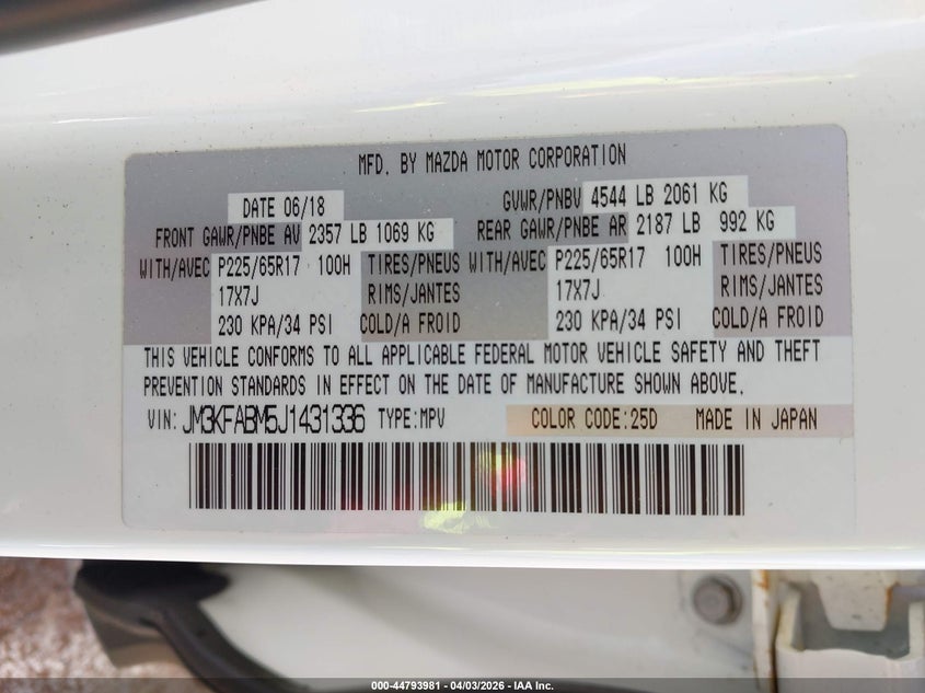 2018 Mazda Cx-5 VIN JM3KFABM5J1431336 IAAI salvage auction — FRONT END, Clear (Hawaii), sold $1,225 on 2026-07-07 (photo 9)