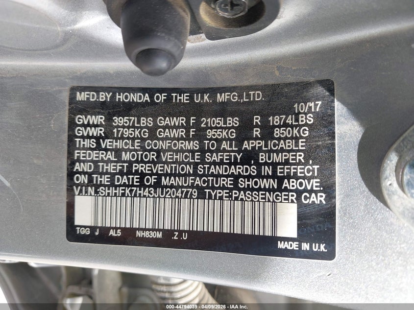 2018 Honda Civic VIN SHHFK7H43JU204779 IAAI salvage auction — FRONT END, Original (Texas), sold $3,300 on 2026-07-20 (photo 9)