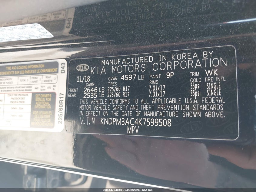 2019 Kia Sportage VIN KNDPM3AC4K7599508 IAAI salvage auction — FRONT END, Original (Texas), sold $3,100 on 2026-07-14 (photo 9)
