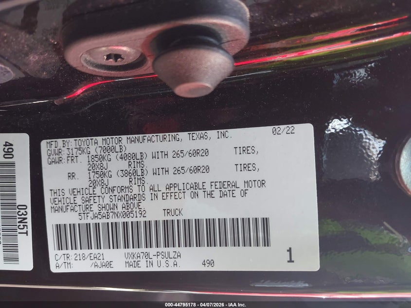 2022 Toyota Tundra VIN 5TFJA5AB7NX005192 IAAI salvage auction — FRONT END, Original (Texas), sold $9,600 on 2026-07-14 (photo 9)